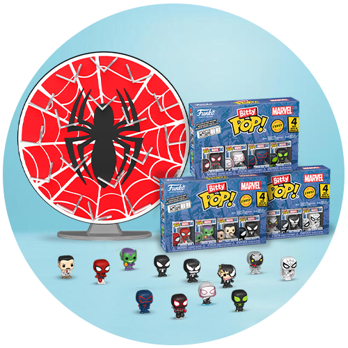 Light Blue background featuring Bitty POP! Spider-Man Bundle
