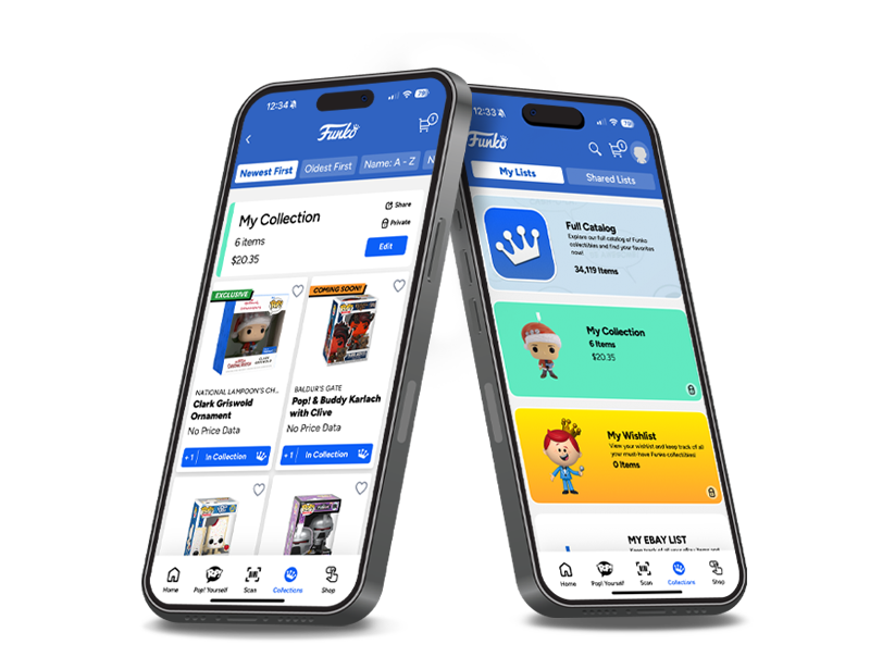 Apple iPhones with Funko App screenshots highlighting new collection customization features