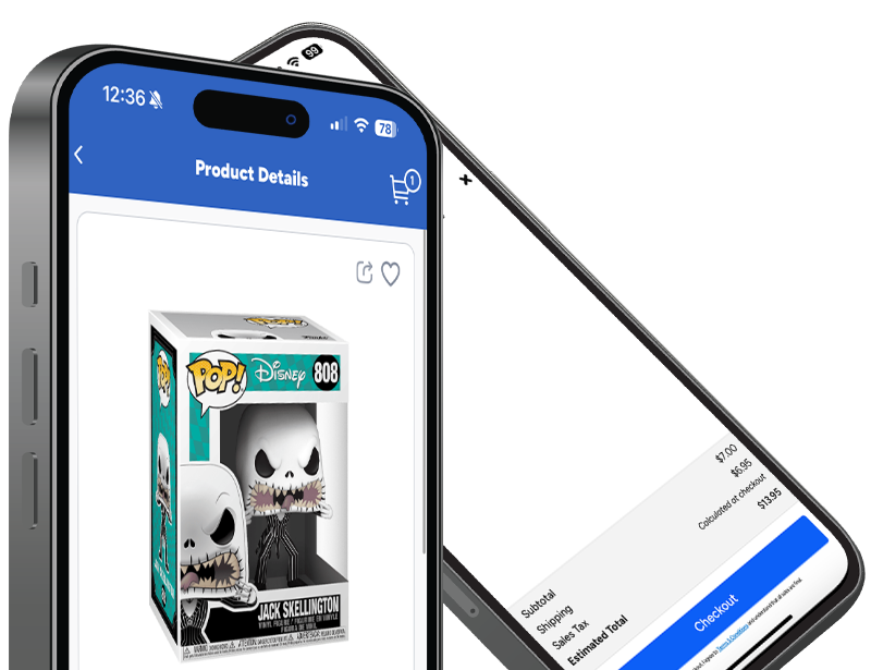 Apple iPhones with Funko App screenshots highlighting new shop feature allowing customers to purchase directly on the app
