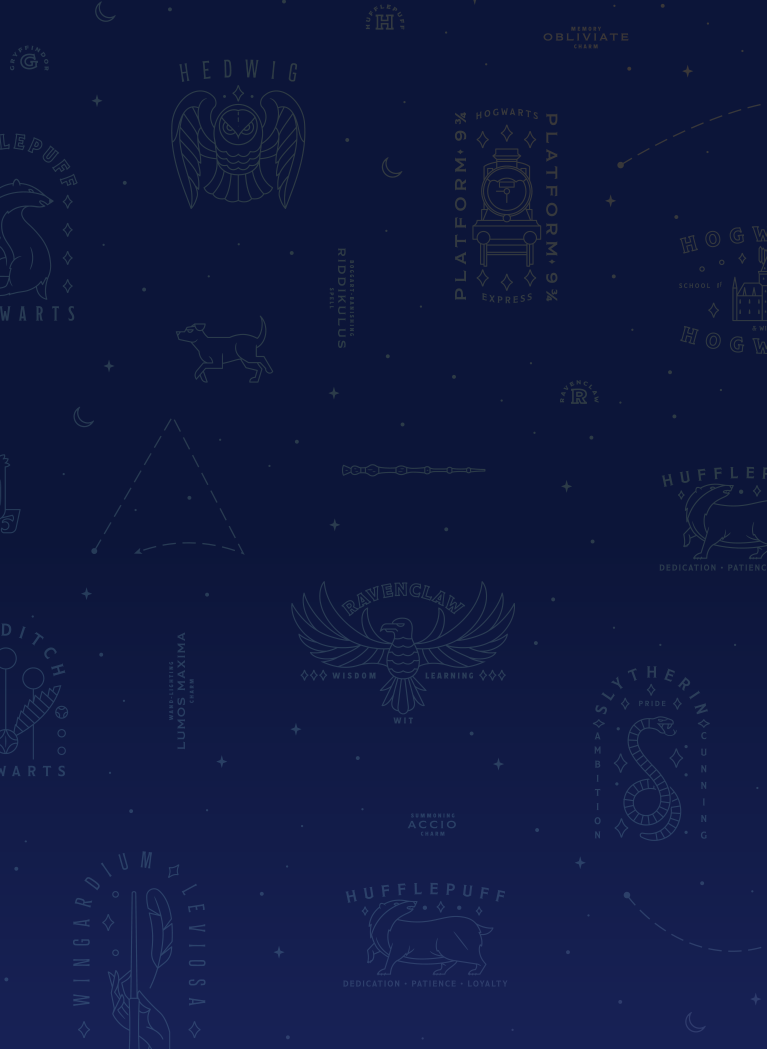 Dark Blue background with constellation pattern of Hogwarts Houses