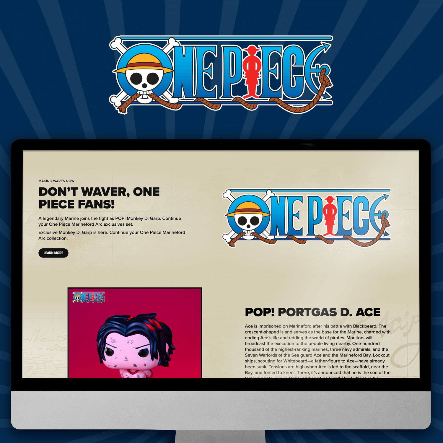 Dark Blue swirl background with computer screen showcasing Funko One Piece landing page. Click to learn more about our One Piece collection!